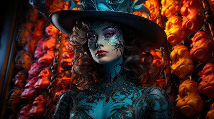 Enigmatic figure dons a haunting makeup and hats. A masked woman and orange flowers add Halloween allure and mystery. Generative AI.