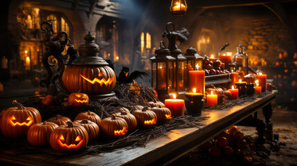 A table full of carved pumpkins and candles creates a captivating Halloween atmosphere. Flickering light amplifies the enchanting, eerie vibe. Generative AI.