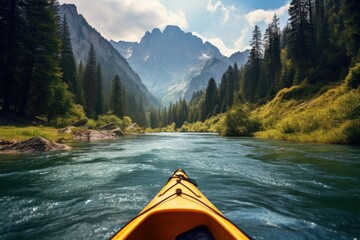 Calm lake, water sport and person on kayak adventure for summer travel trip canoeing, kayaking and using paddle on river. Exercise, vacation or holiday enjoying rafting or boat activity with mountain - obrazy, fototapety, plakaty