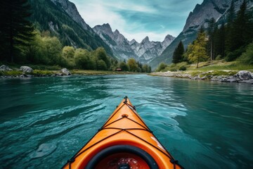 Person canoeing in the lake bohinj on a summer day, background alps mountains. Orange kayak floats on a mountain river rear view. Travel visual