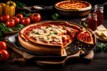 An image of a deep-dish Chicago-style pizza with layers of cheese and chunky tomato sauce.