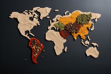 World map made of different spices on grey background