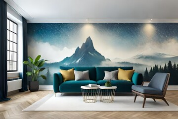 living room fully furnished wall design  with scenary of mountain, painting, piling,sofa,table, and decorated with roof cieling  modernl iving room  - obrazy, fototapety, plakaty