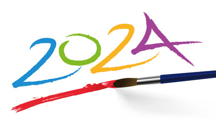 Concept artistique pour une carte de voeux, avec l’année 2024 écrite de différente couleurs avec un pinceau, sur un fond blanc.
