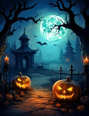 Fototapeta premium Spooky Halloween illustration, with a creepy house and pumpkins on the steps. AI generated