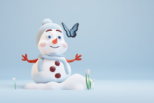 Cute cartoon snowman looking on butterfly. Waiting for spring beginning. 3d render