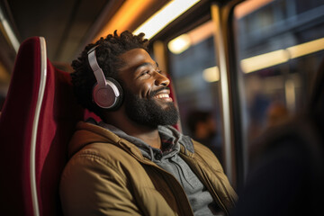 Fototapeta na wymiar A commuter listens to a podcast while riding a city bus, showcasing the blend of entertainment and education that can be part of daily transit. Generative Ai.