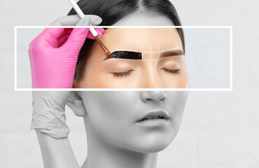 Make-up artist makes markings with white pencil for eyebrow and paints eyebrows. Professional...