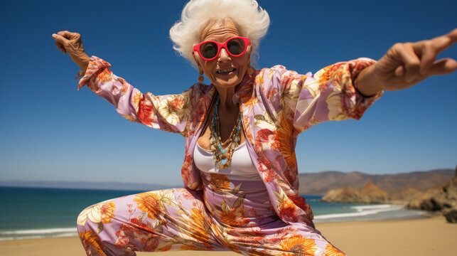 Inspirational 100-year-old lady, vibrant in a colorful bikini, demonstrating yoga pose on an undisturbed beach with a plain background.