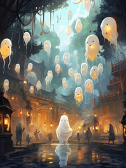 An Illustration of a Ghostly Parade with Floating Lanterns and Spectral Performers