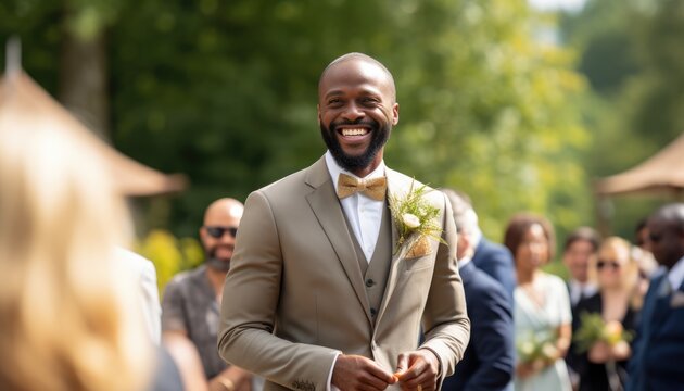 Candid photo of a joyful groom at an outdoor summer wedding, surrounded by friends and relatives