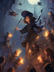 An Illustration of a Witch Teaching Young Warlocks and Witches How to Fly on Broomsticks