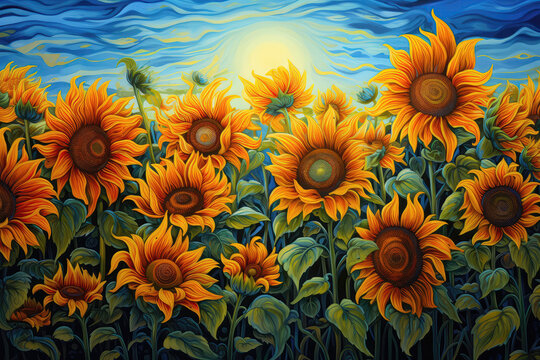 Field Of Sunflowers Painted With Crayons