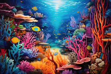Teeming Coral Reef Painted With Crayons