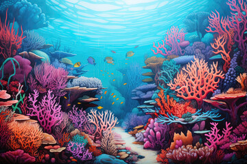 Fototapeta na wymiar Teeming Coral Reef Painted With Crayons . Сoncept Marine Ecosystems, Creative Exploration, Sustainable Art Materials, Coral Reef Conversation