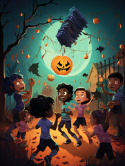 An Illustration of Children Playing a Halloween-Themed Pinata Game