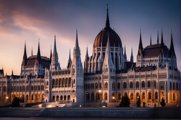 Fototapeta na wymiar Parliament Building at Sunset, Budapest, Hungary - Created with Generative AI Technology