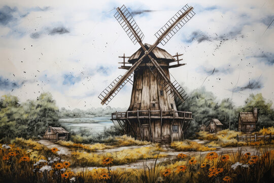 Rustic Windmill Painted With Crayons