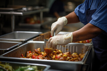 A close-up photograph focuses on a person's hands as they prepare a meal in a restaurant kitchen, highlighting the hospitality and culinary sectors that remain active on Labor Day. Generative Ai.