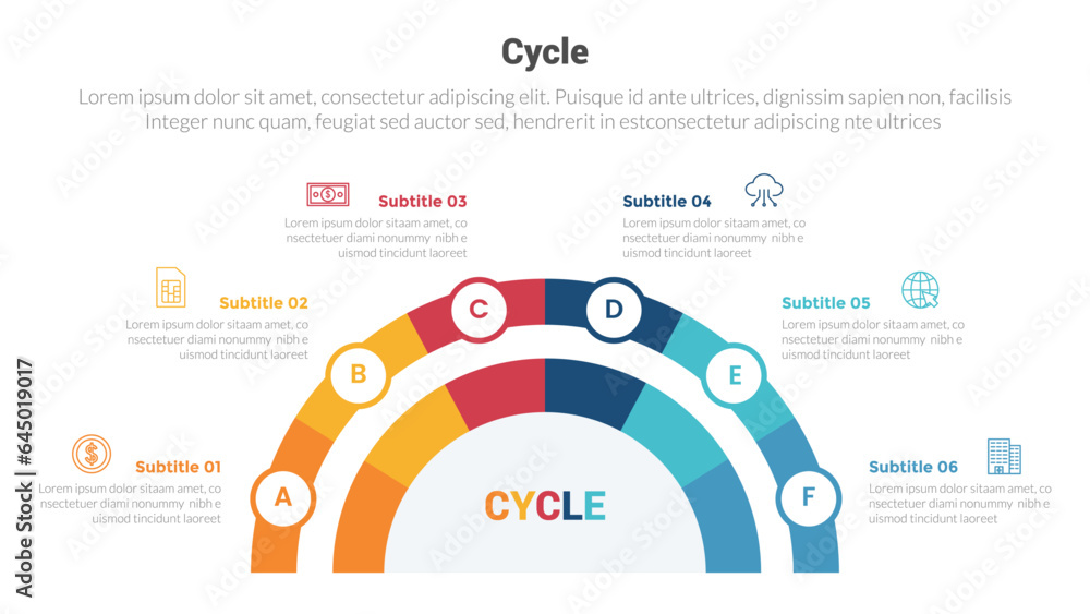 Canvas Prints cycle or cycles stage infographics template diagram with half circle on center and 6 point step crea
