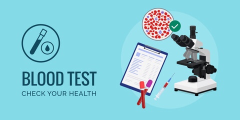Blood test and diagnosis: microscope, blood samples and medical records