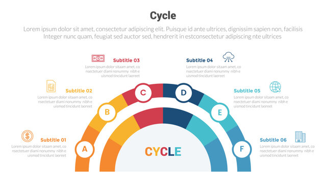 cycle or cycles stage infographics template diagram with half circle on center and 6 point step creative design for slide presentation