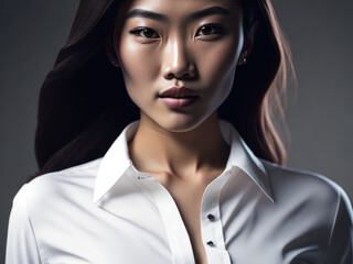 A confident Asian businesswoman in a white shirt looks straight ahead in a studio business shot.  Generative AI, AI.