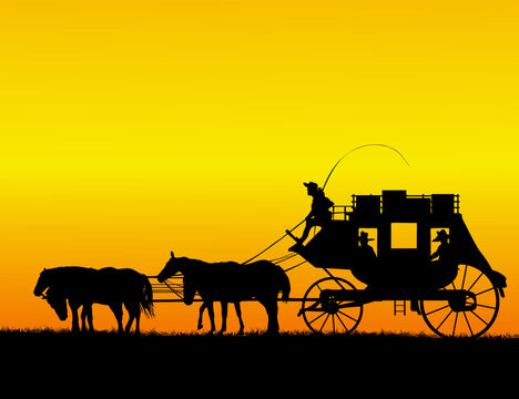 Four horses stage coach wagon on the prairie, vector illustration