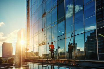 Window washer cleaning high rise glass office building in sunlight. - obrazy, fototapety, plakaty