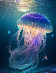 Obraz premium Jellyfish with iridescent glow, sun rays piercing through the sea water, at the bottom of the sea, very glowy jellyfish, holographic, rainbow colors