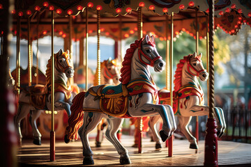Fototapeta na wymiar Children's Carousel With Horses In Amusement Park