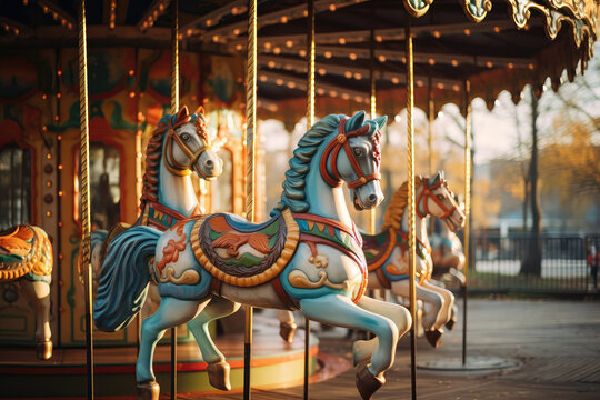 Children's Carousel With Horses In Amusement Park