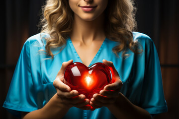 Empowering image of a compassionate nurse, robed in superhero cape, cradling a radiant heart: the symbol of healing power and medical heroicism.