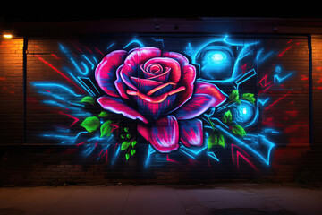 Glowing Neon Graffiti On Urban Brick Wall