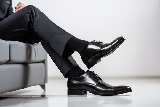 Close Up Of Business Man's Legs In Shoes Hanging From Black Leather Sofa Against White Wall