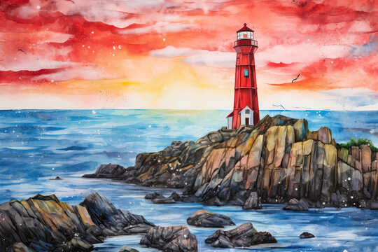 Lighthouse By Rocky Coast Painted With Crayons