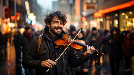 Captivating melody: musician enchants on bustling street.
