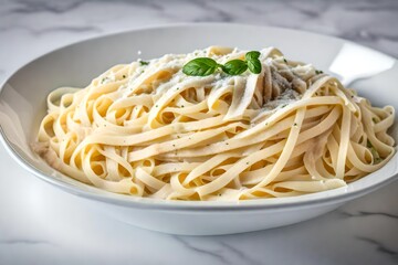 A rendered picture of a creamy fettuccine Alfredo with freshly grated Parmesan.