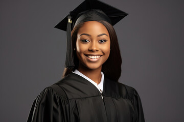 Portrait of a smiling african american female valedictorian dressed in black academic dress, very high honor.