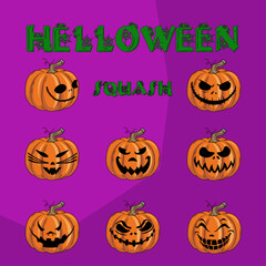 Helloween squash stickers. Hallowen spider fonts free comerc.