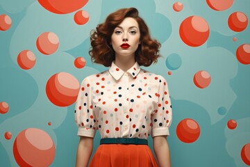 Pretty woman model wearing a cute multi-color polka dot t-shirt and red skirt fashion outfit