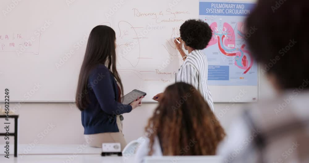 Poster School, education and student writing on board for lesson, learning and answer to question in classroom. College, academy and teacher with girl for problem solving, solution and explain for knowledge
