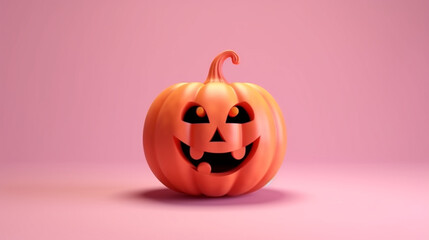 Fototapeta premium Halloween pumpkin with happy face on minimal pink background