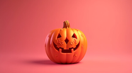 Halloween pumpkin with happy face on minimal pink background