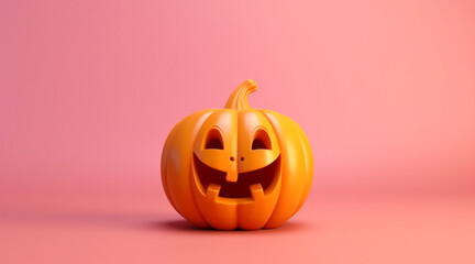 Halloween pumpkin with happy face on minimal pink background