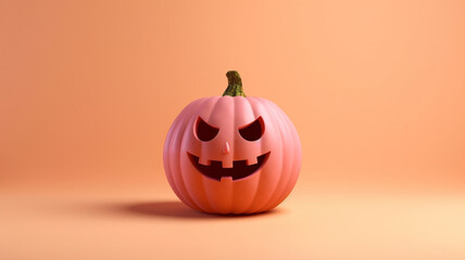 Halloween pumpkin with happy face on minimal pink background
