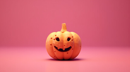 Halloween pumpkin with happy face on minimal pink background