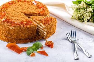 Honey cake. Homemade baking concept