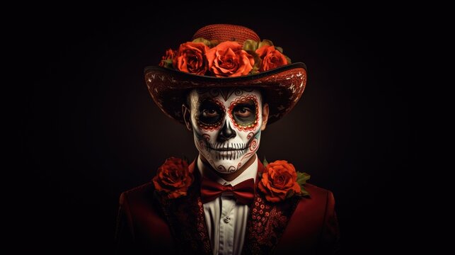 Dia de los muertos, Mexican holiday of the dead and halloween. Man with sugar skull make up and flowers.
