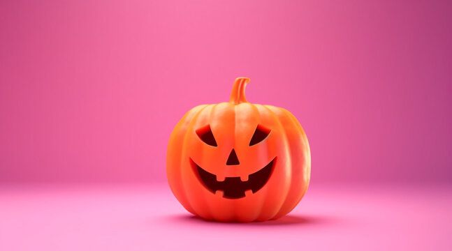 Halloween pumpkin with happy face on minimal pink background